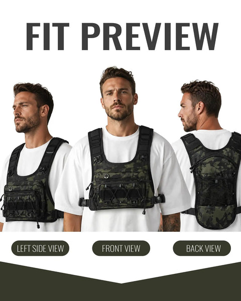 Hands Free Tactical Chest Pack for Men Lightweight Hydration Bag With Gear Holder Reflective Outdoor Chest Pack three views