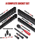 1/2 Inch Master Drive Impact Socket Set, 65-Piece 6-Point SAE and Metric Sockets in CR-V Steel With Adapters and Ratchet Handle layout