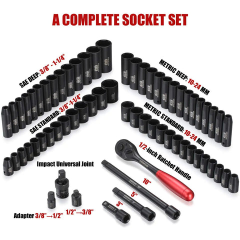 1/2 Inch Master Drive Impact Socket Set, 65-Piece 6-Point SAE and Metric Sockets in CR-V Steel With Adapters and Ratchet Handle layout
