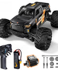 Brushless Fast RC Car With 56 Plus MPH, Standing Backflip Ready, One Sixteen Scale 4WD Monster Truck, Off Road RTR, Includes 3S LiPo Battery, 60A ESC, 4700KV Motor, No Ramp Required Stunt Capability For Adults, shown with accessories and components on white background