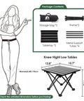 Two Pack Ultra Light Portable Camping Table Foldable Car Tray Table With Carry Bag For Camping Picnics BBQs Beach And Outdoor Trips Built With Titanium Coated Steel showed components and dimensions