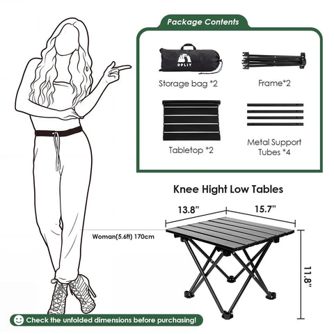 Two Pack Ultra Light Portable Camping Table Foldable Car Tray Table With Carry Bag For Camping Picnics BBQs Beach And Outdoor Trips Built With Titanium Coated Steel showed components and dimensions