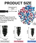 100 Piece Tire Repair Screw Plug Kit With 3 Sizes And Screwdriver, showing screw sizes, mixed color plugs, and included screwdriver.