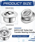 Product size diagram of 80-Piece Five-Eighth Inch Roller Ball Transfer Bearings in Carbon Steel, 360 Degree Rotation, with measurements.