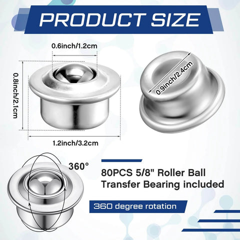 Product size diagram of 80-Piece Five-Eighth Inch Roller Ball Transfer Bearings in Carbon Steel, 360 Degree Rotation, with measurements.