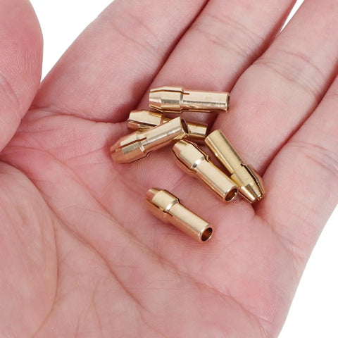 11 Pack Mini Drill Chuck Collet Copper Gold Rotary Tool Replacement Parts For Dremel Crafts and Making Projects Keep Safe In Blister Box in hand.