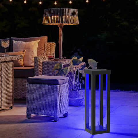 Solar Patio Floor Lamp 2 Pack Waterproof RGB Color Changing Garden Path Lights outdoors on patio with wicker furniture.