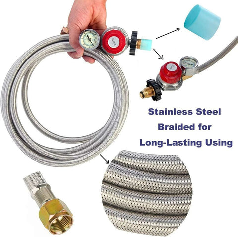 Amazon 12ft stainless braided propane regulator hose with gauge; adjustable 0–30 PSI connects POL tank to fire pit.