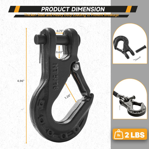 Five Sixteenth Inch Safety Steel Latch Winch Clevis Slip Hook With 14,000 Lbs Working Load Limit, dimensions shown