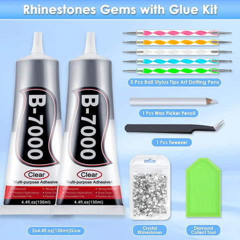 Clear B7000 Glue Rhinestone Tool Kit For Crafts And Jewelry Making With Two 130Ml Bottles Of Glue Dotting Pens Tweezers