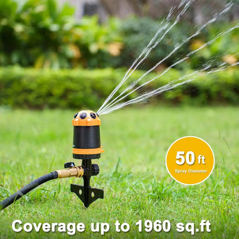 Gear Drive Lawn Sprinkler With Metal Spike Base 6 Pattern Heavy Duty Water Sprinkler System For Large Yards in operation on lawn