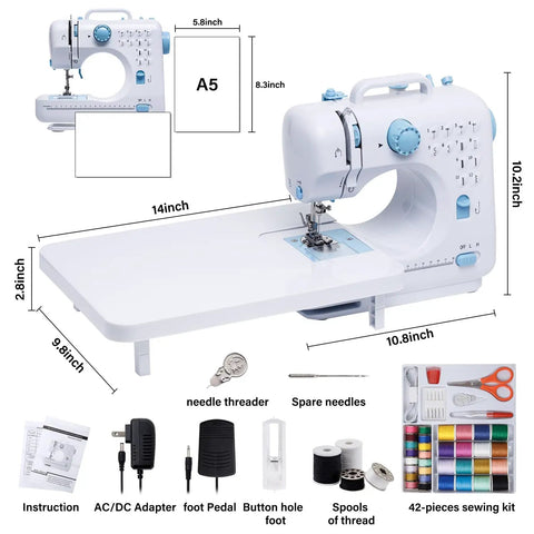 Beginner Sewing Machine Kit With Extension Table And 12 Built In Stitches Included Needles And Thread Set, dimensions shown