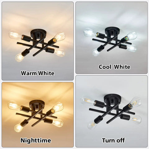 Four Light Semi Flush Mount Ceiling Light Fixture Two Pack Matte Black With E26 Base Modern Farmhouse Style shown in different light modes
