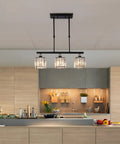 Three Light Crystal Ceiling Pendant With Adjustable Height, Square Modern Chandelier over kitchen island