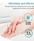 Hands under faucet with text about 30,000 gallons and 3-6 months for Whole House Sediment Filter 5 Micron Replacement For 10x2.5 Inch Systems Pack Of 6