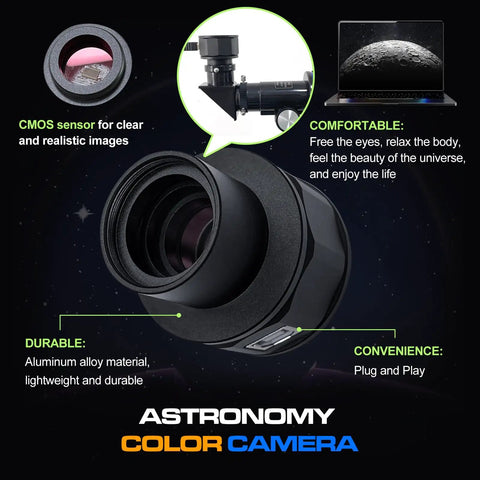 Nova200 Telescope Camera 1080P USB Astronomy Cam with lens, eyepiece, and computer display for imaging and viewing