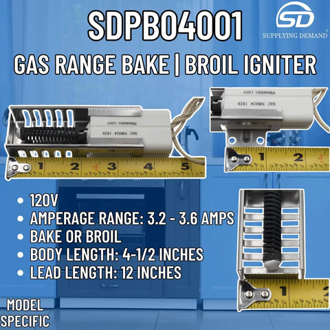 Gas Range Bake And Broil Igniter Replacement Direct Fit For Model Specific Applications 120V 3.2 To 3.6 Amps Not Universal Four And A Half Inch Body With Twelve Inch Lead displayed with measurements