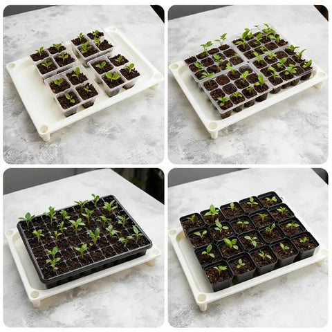 Five Tier Seed Starter Tray Stand With Self Watering Reservoir For Indoor And Outdoor Seedlings And Greenhouse Use A Space Saving Shelf For Small Cell Trays And Nursery Pots White, showing seedlings in small cell trays on a white stand.