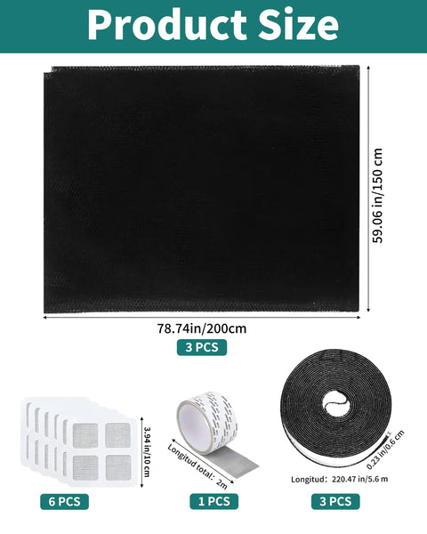 The Real Hassle Free Window Screen Door Repair Kit Featuring Self Adhesive Polyester Mesh Rolls Fastener Strips And Quick Fix Patches For Any Home Project - product dimensions and components overview.