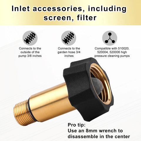 Brass high-pressure washer inlet fitting, front view, with black collar and mesh screen.