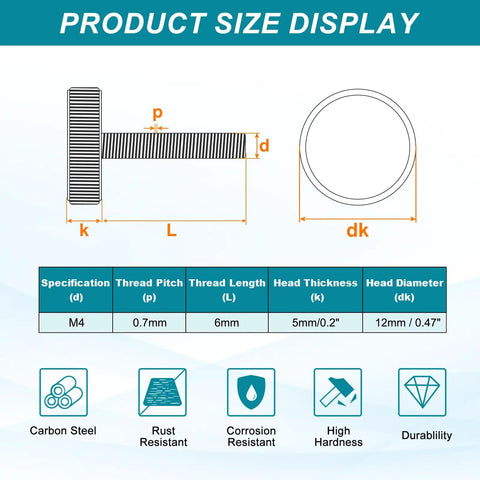 Product size display for 20 Pack M4 X 6mm Knurled Thumb Screws Black Steel Flat Head Metric Bolts, showing dimensions and specs.