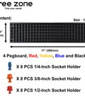 Four Piece Bit Organizer Set With 158 Hole Bit Storage showing black pegboard, dimensions, and colorful socket holders.