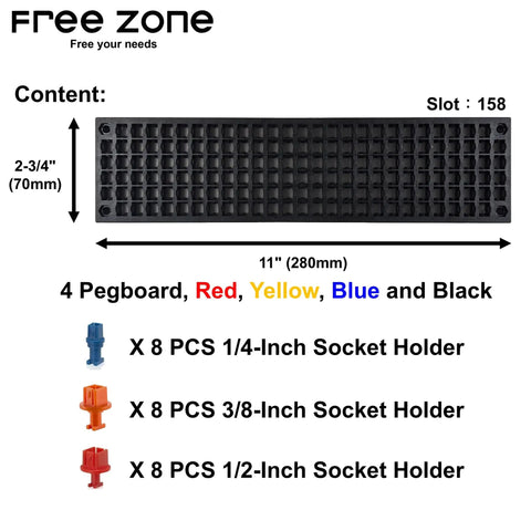 Four Piece Bit Organizer Set With 158 Hole Bit Storage showing black pegboard, dimensions, and colorful socket holders.