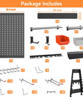 113 Piece Pegboard Wall Organizer Kit with hooks, bins, and shelves for garage and workbench modular system.