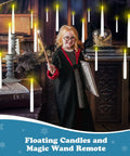 Child using wand near spooky LED floating candles with wand remote dope flameless taper candles with flickering warm light