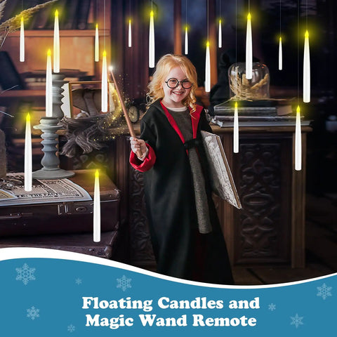 Child using wand near spooky LED floating candles with wand remote dope flameless taper candles with flickering warm light