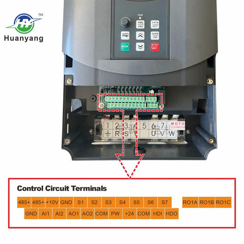 Close-up of control circuit terminals on Variable Frequency Drive For Motor Speed Control And 3 Phase Conversion, 220V AC Input Output