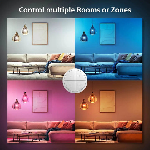 Wall Tap Dial Dimmer Switch For Smart Lights White 1 Pack Easy Wireless Setup No Wiring Required Requires Bridge Works With Hue Compatible Lights Portable Dimmer Control With Battery Included shown controlling living room lighting in multiple colors