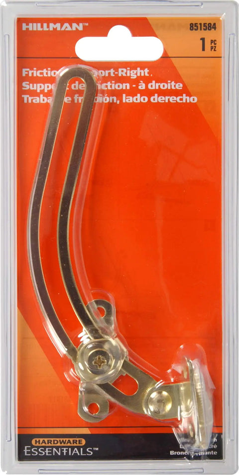 Friction Lid Support Bracket Right Side Warm Brass Finish for smooth cabinet lid operation, packaging showing installation details.