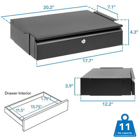 Heavy Duty Steel Under Desk Drawer With Key Lock And Smooth Glide Tracks For Secure Private Slide Out Table Storage Organizer, dimensions 20.2x12.2x4.3 inches.