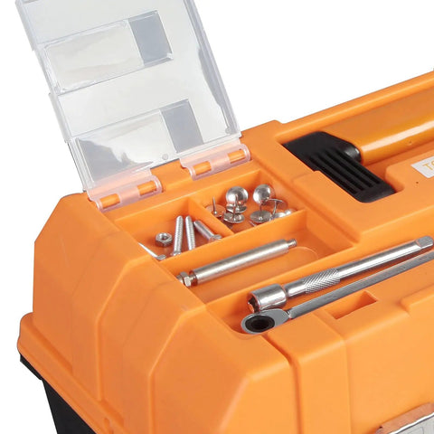 17 Inch Plastic Tool Box With 3 Tier Fold Out Trays, Heavy Duty Latches For Easy Metric Imperial Sorting, Portable Shop Case Built Tough For The Daily Grind And No Sweat Organization
