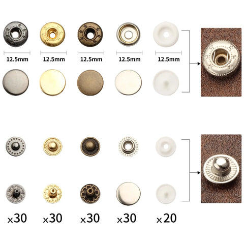 Snap Button Kit With Metal And Plastic Buttons And Fastener Pliers 140 Sets for Leather and Fabric, 12.5mm, 5 Colors