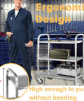 Three Shelf Stainless Steel Serving Cart With Wheels 400 Lb Capacity in work setting, showcasing ergonomic design features and tool storage.