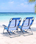 Two-Pack Backpack Beach Chairs With Cup Holder And Towel Bars on sandy beach facing ocean, lay flat 4-position adjustable recline