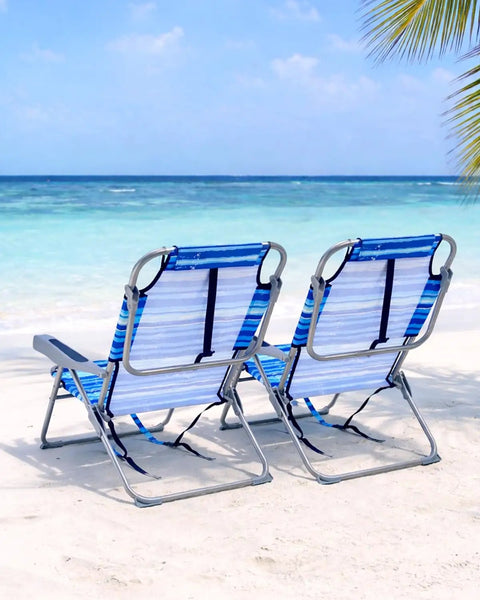 Two-Pack Backpack Beach Chairs With Cup Holder And Towel Bars on sandy beach facing ocean, lay flat 4-position adjustable recline