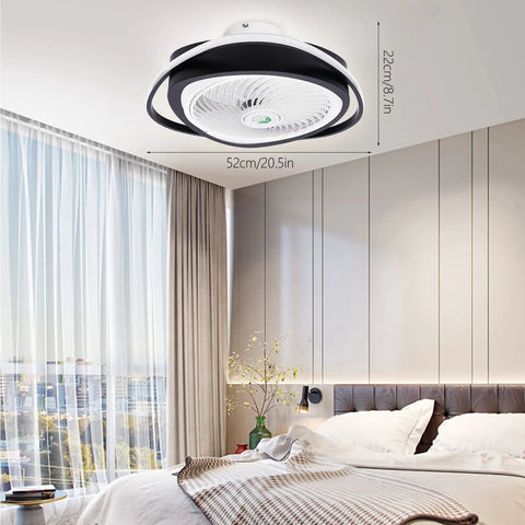 Ceiling Fan with Light 20 Inch Low Profile Invisible Chandelier Fan for installed in a modern bedroom with natural light.