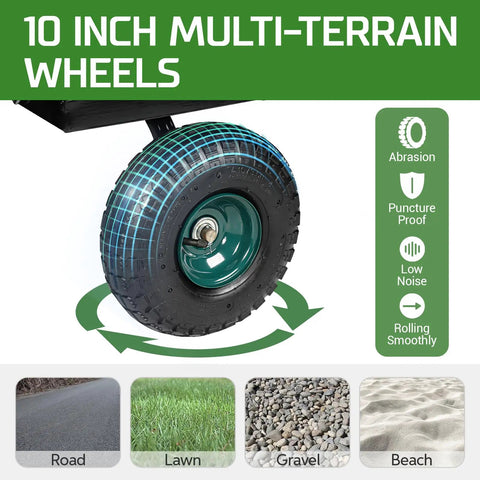 Heavy Duty Steel Garden Cart Workhorse With Detachable Side Panels 10-inch multi-terrain wheel for various surfaces.