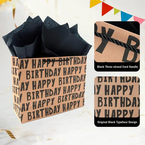 Large Kraft Birthday Gift Bag Set With Classic Black Happy Birthday Lettering Includes Greeting Card Hang Tag Kraft Envelope And Tissue Paper All In One Gift Kit For Men Boys And Kids
