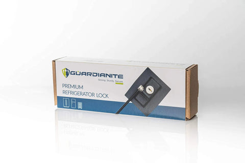 Product packaging for Heavy Duty Refrigerator Lock With Keyed Mechanism, showing black steel cable locking system.