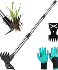 Long Handle Weed Puller Tool With 44 Inch Reach Dual Head 2 In 1 Garden Weeder and Hoe displayed with gloves and head attachments