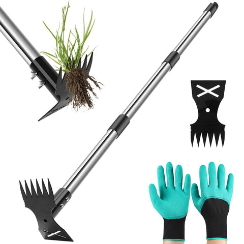 Long Handle Weed Puller Tool With 44 Inch Reach Dual Head 2 In 1 Garden Weeder and Hoe displayed with gloves and head attachments