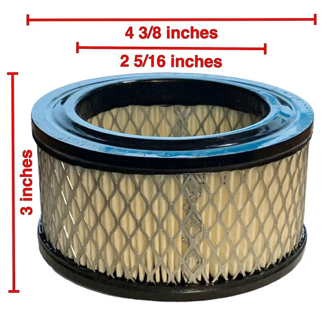 High Pleat Count Paper Air Filter For Industrial Compressors Built Tough To Handle Dirt Fits Rolair R431 And Champion P5050A P05050A, Quincy 110377E075, 11037E901 With Prefilter Delivers 99 Percent Filtration To 2 Microns And 50 Percent More Dust Capacity, dimensions displayed