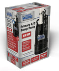Heavy-Duty Cast-Iron Half HP Submersible Sump Pump box with image of pump for narrow pits, 4,400 GPH at zero lift, energy-efficient PSC motor