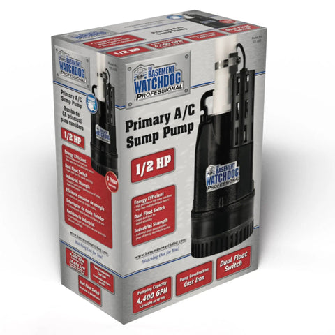 Heavy-Duty Cast-Iron Half HP Submersible Sump Pump box with image of pump for narrow pits, 4,400 GPH at zero lift, energy-efficient PSC motor