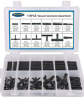 115-piece black nylon vacuum connector assortment in a clear plastic case for automotive tubing, with hose barb, tee, and reducer connectors