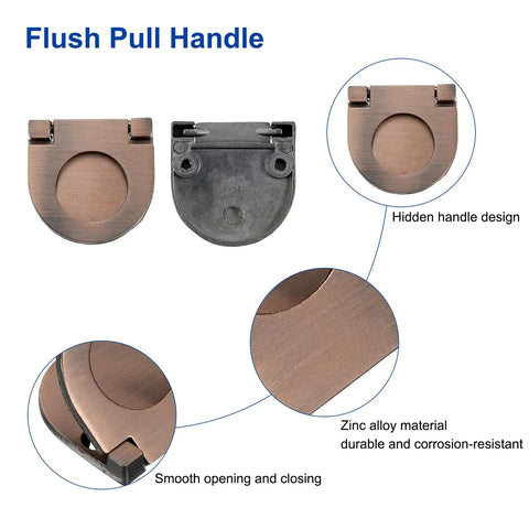 Set Of 4 Flush Pull Handles Hidden Recessed Cabinet Door Pull Rings With Screws 1.38 Inch Copper Zinc Alloy, front and side view.